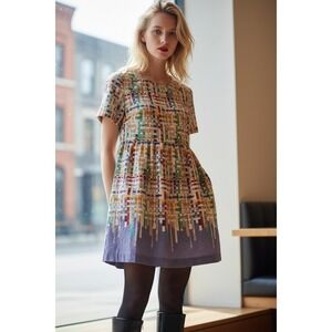 Florence Shields Original Newspaper Print Babydoll Dress Multi Color Mini Large